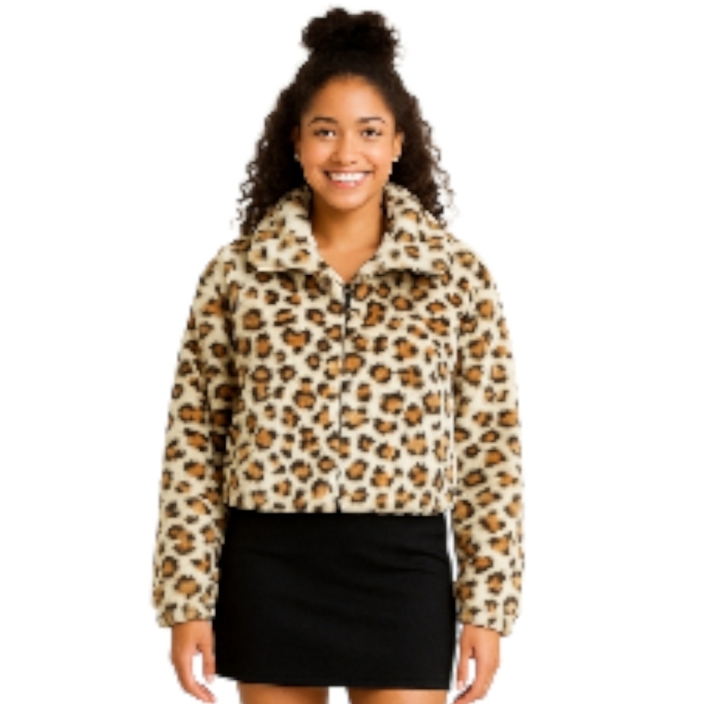 VS Pink Leopard Faux Fur Jacket L • Super Soft Cropped Coat • NWT • Stand Collar - Picture 3 of 15
